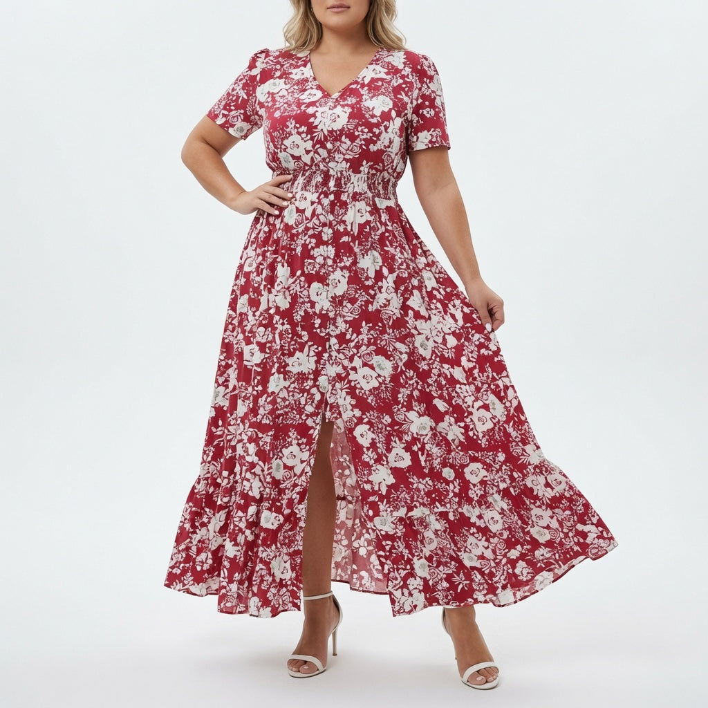 Floral V Neck Maxi Dress with Romantic Slit