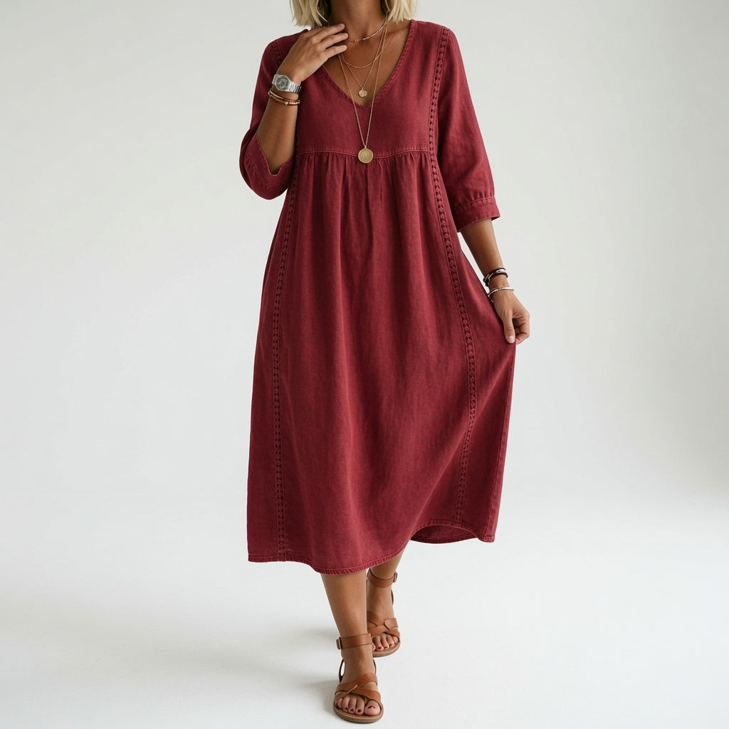 Flowy Midi Dress Natural Elegance - Yellow