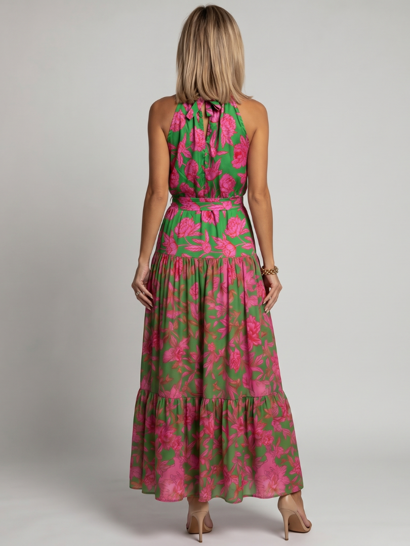 Draped Pink Midi Dress with Elegant Halter Neckline