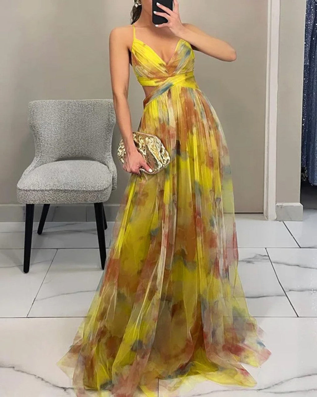 Watercolor Floral Print Silk Maxi Dress