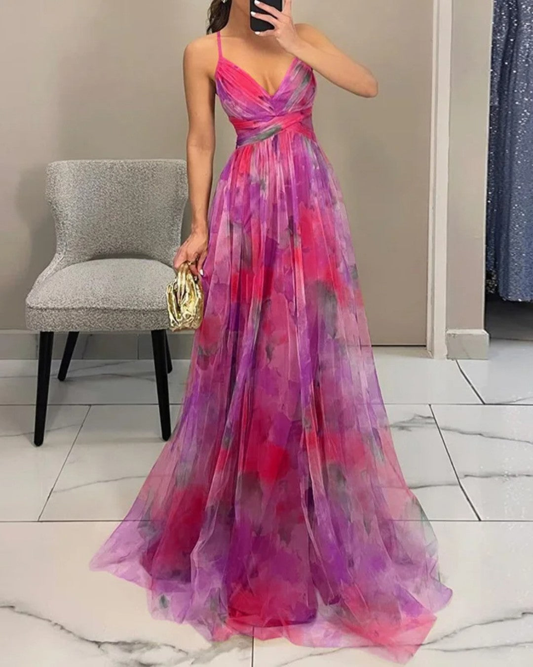 Watercolor Floral Print Silk Maxi Dress