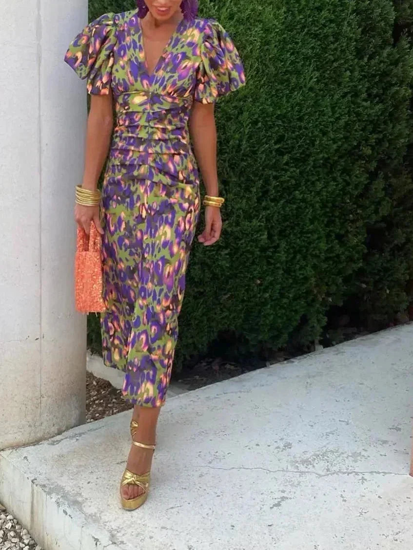 Midi Dress with Puff Sleeves