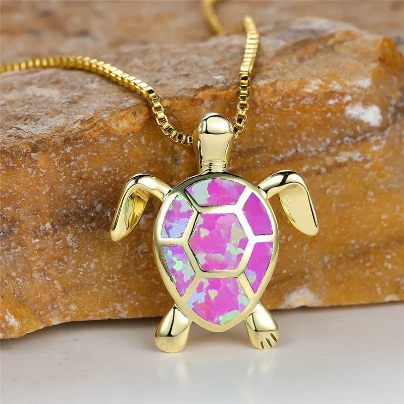 Vintage Green Fire Opal Turtle Pendant Necklace