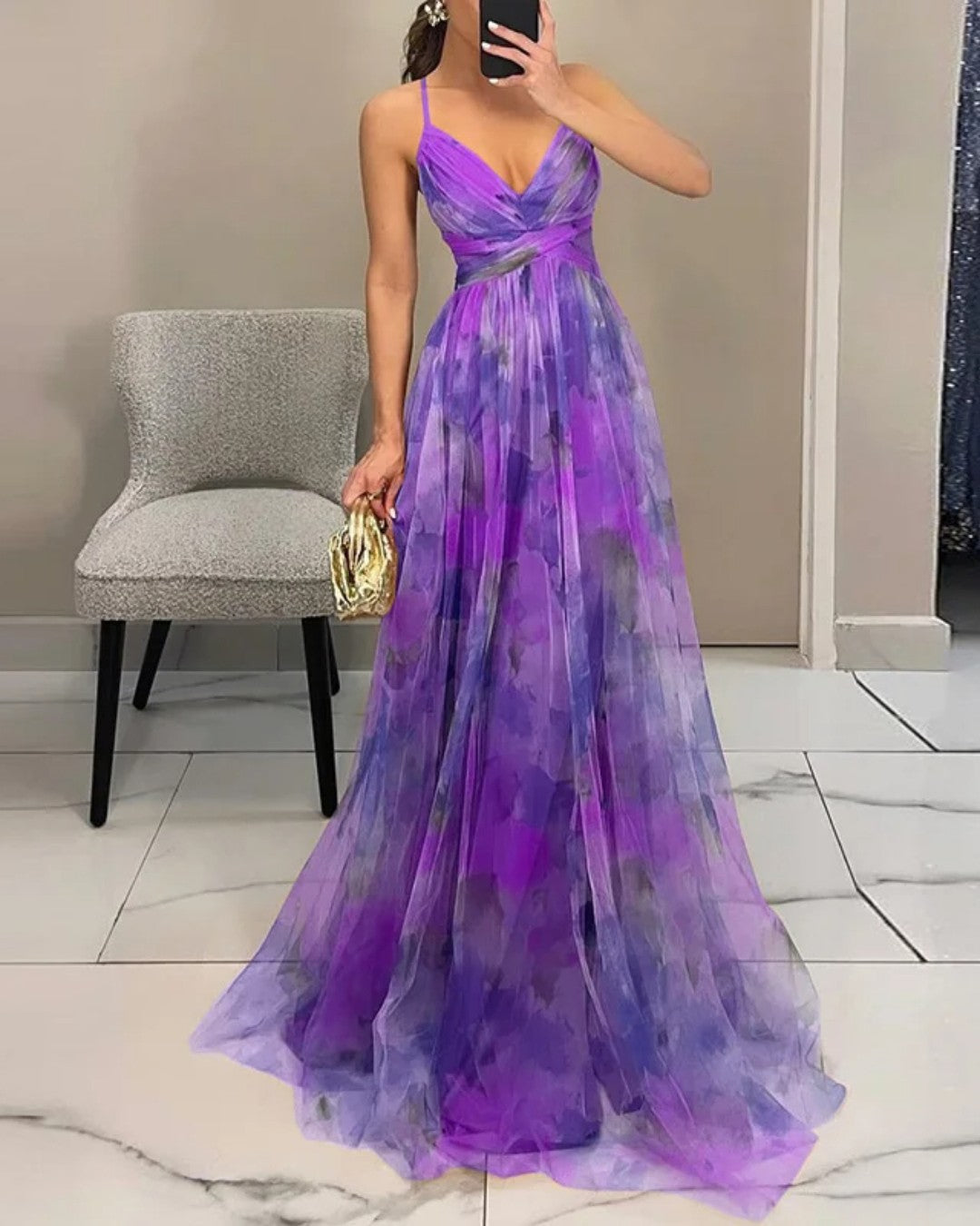 Watercolor Floral Print Silk Maxi Dress