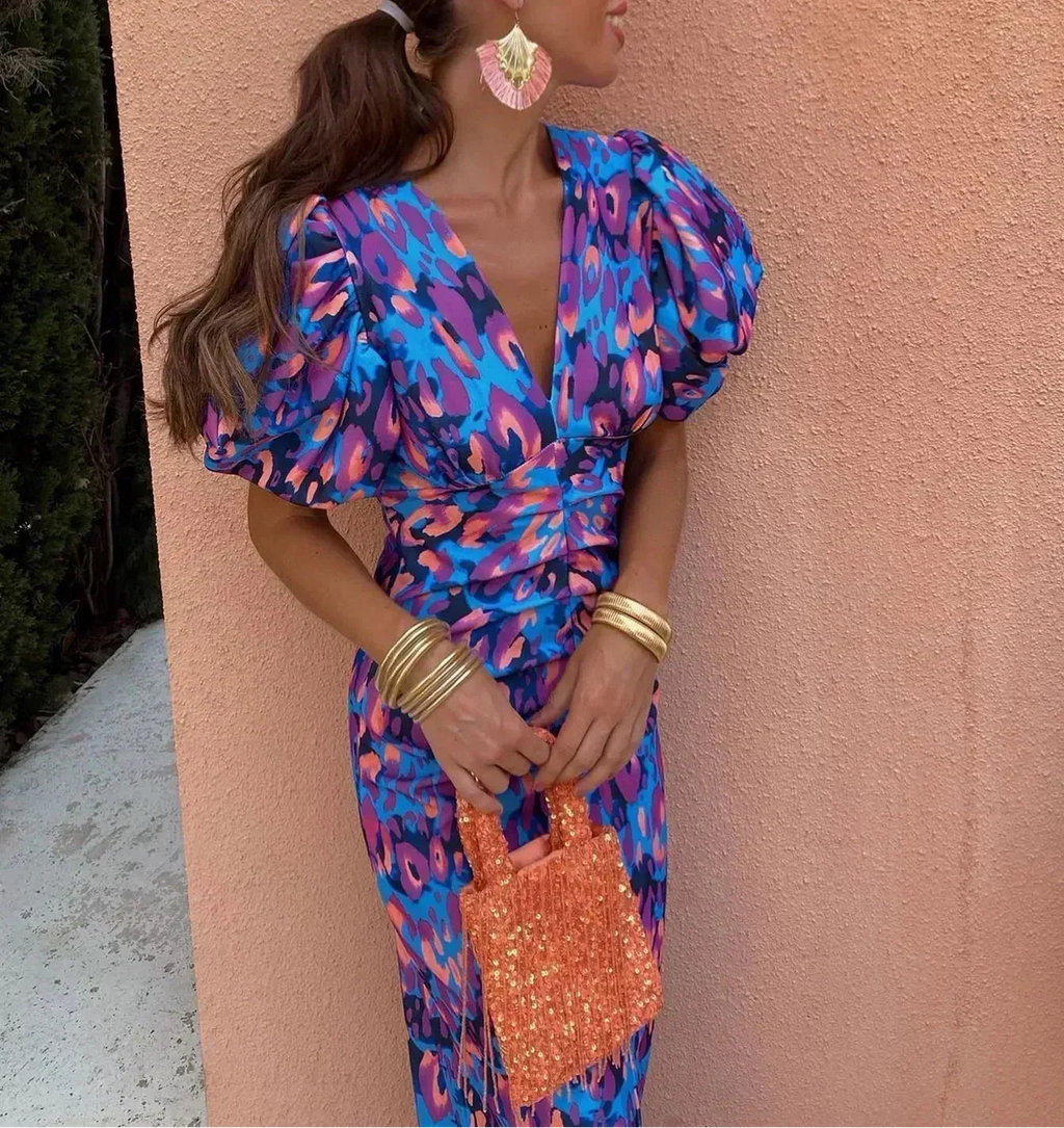 Midi Dress with Puff Sleeves