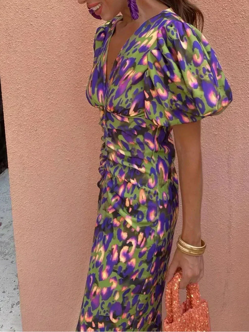 Midi Dress with Puff Sleeves