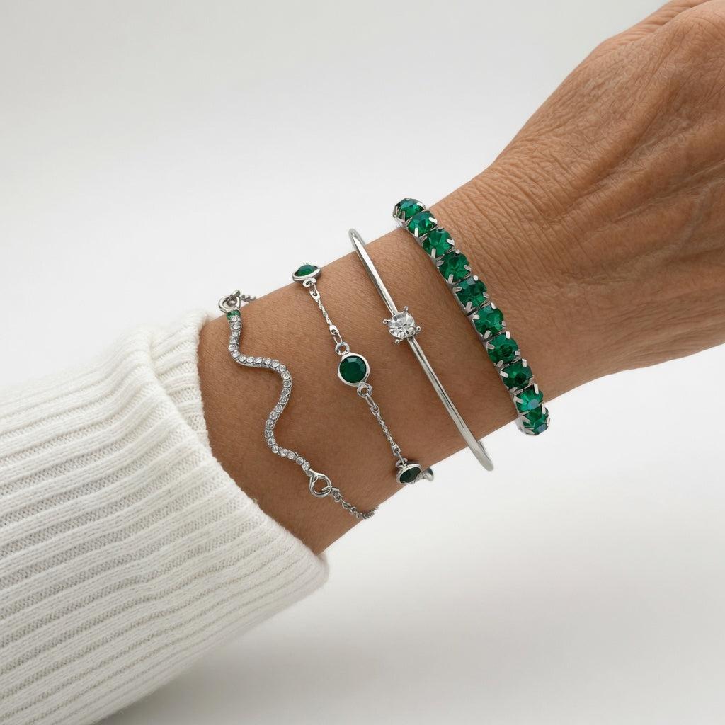 Gold Bracelet Set with Green Stones Precious Elegance