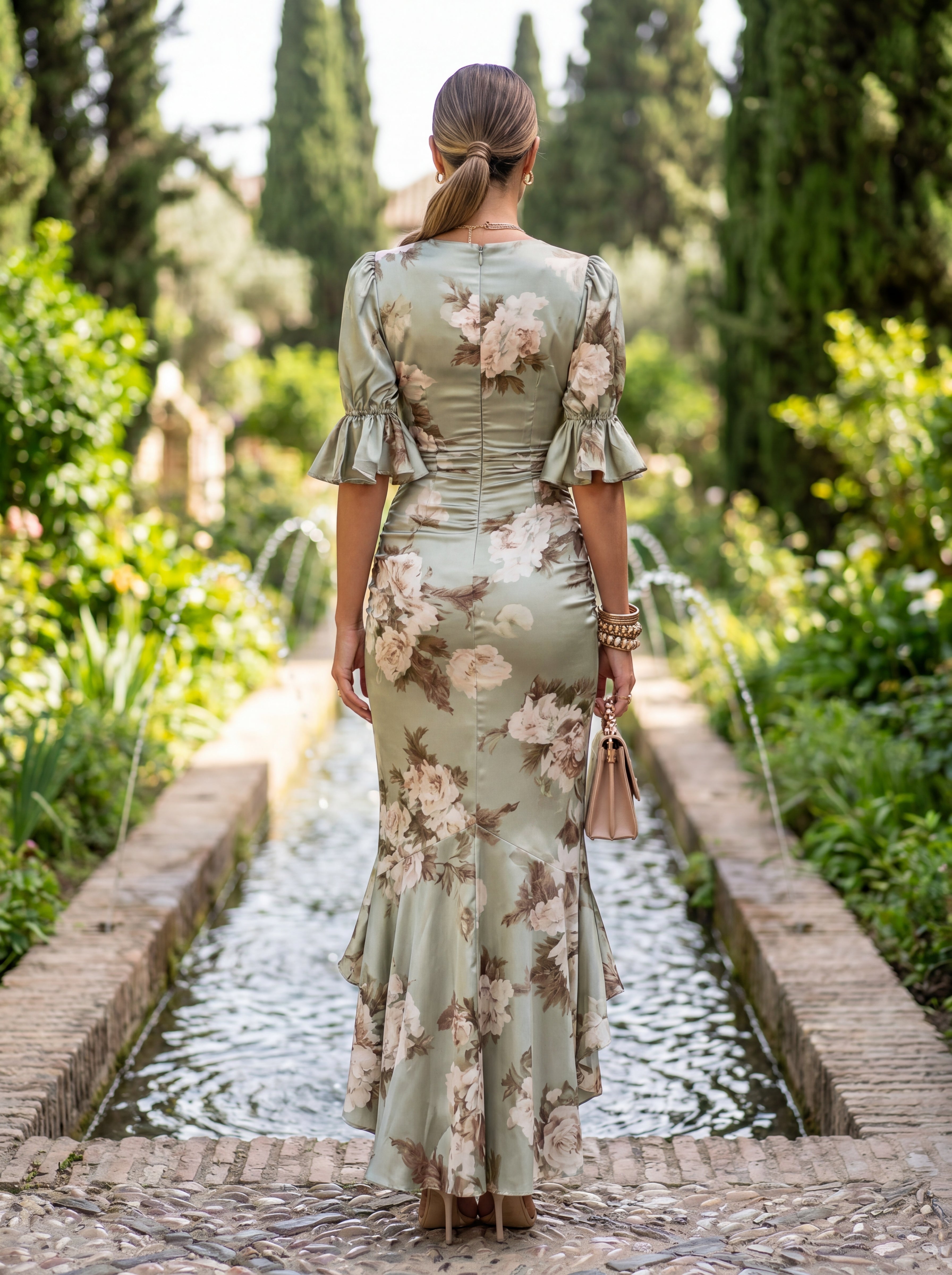 Asymmetric Green Satin Maxi Dress with V Neckline