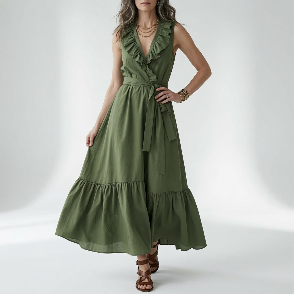 V Neck Maxi Dress with Ruffles and Elegant Belt