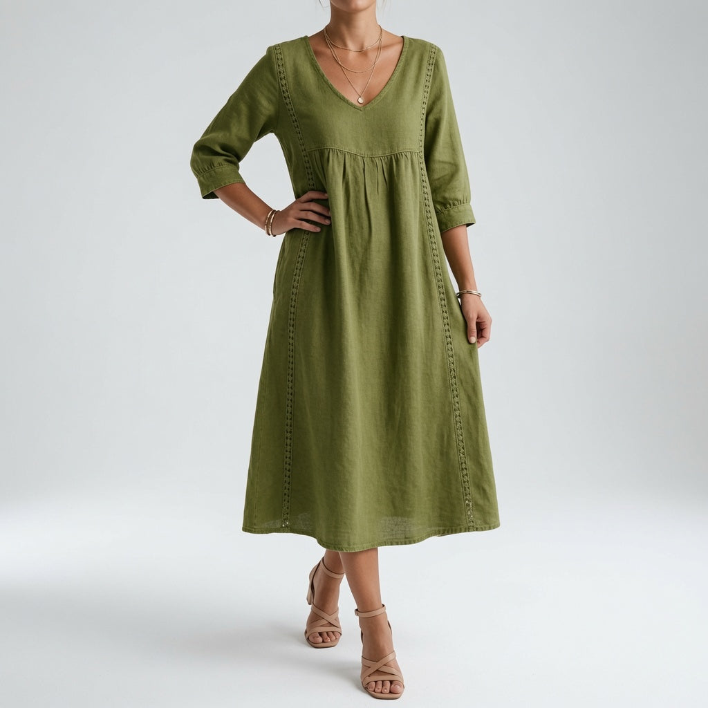 Flowy Midi Dress Natural Elegance - Yellow
