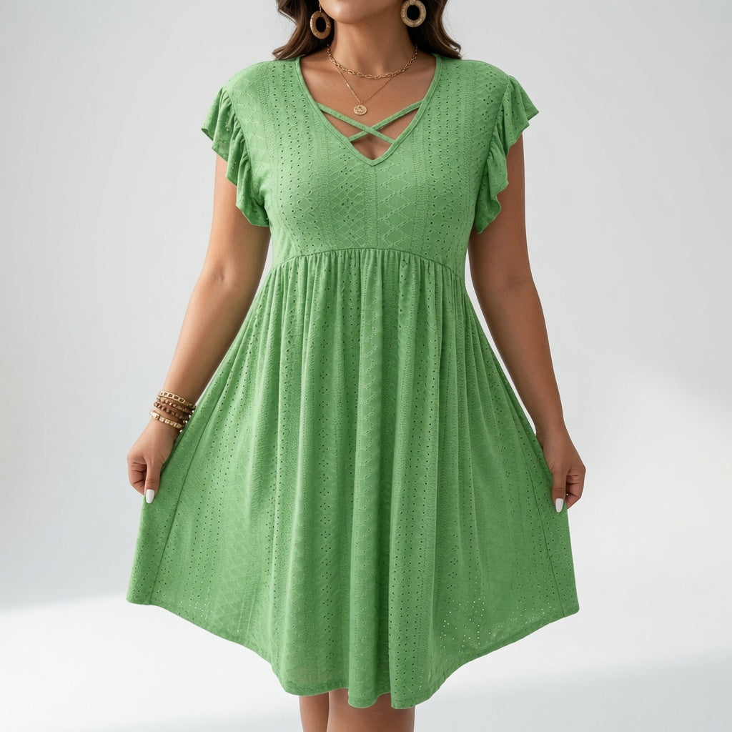 Crossover V Neck Mini Dress with Ruffle Sleeves Summer Elegance