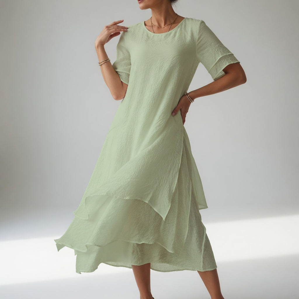 Layered Midi Dress with Short Sleeves and Asymmetric Hem
