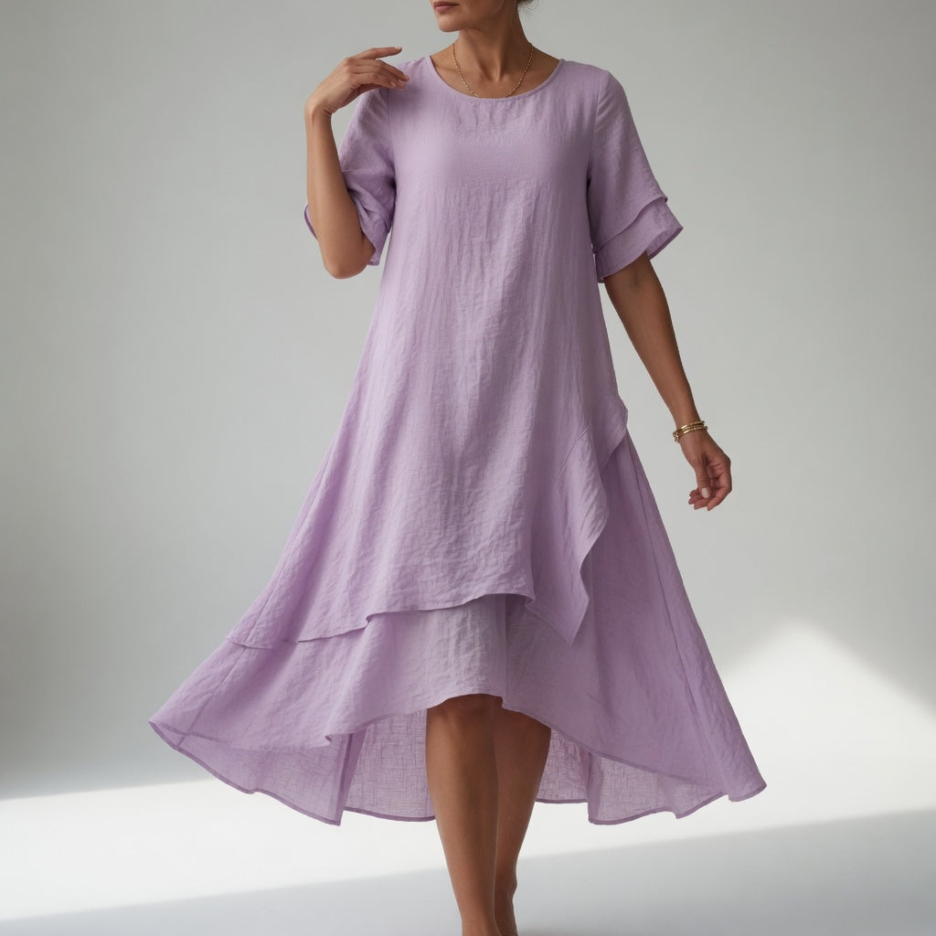 Layered Midi Dress with Short Sleeves and Asymmetric Hem