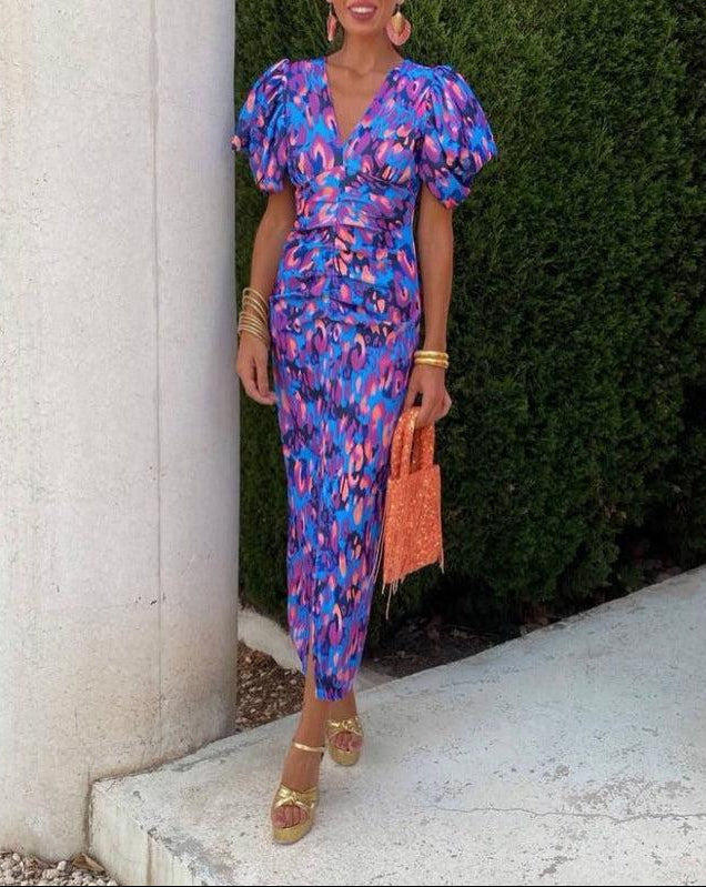 Midi Dress with Puff Sleeves