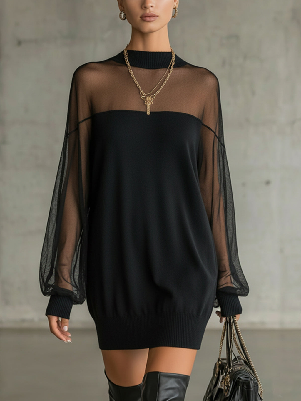 Elegant Black Mini Dress with Mesh Sleeves - Style 2