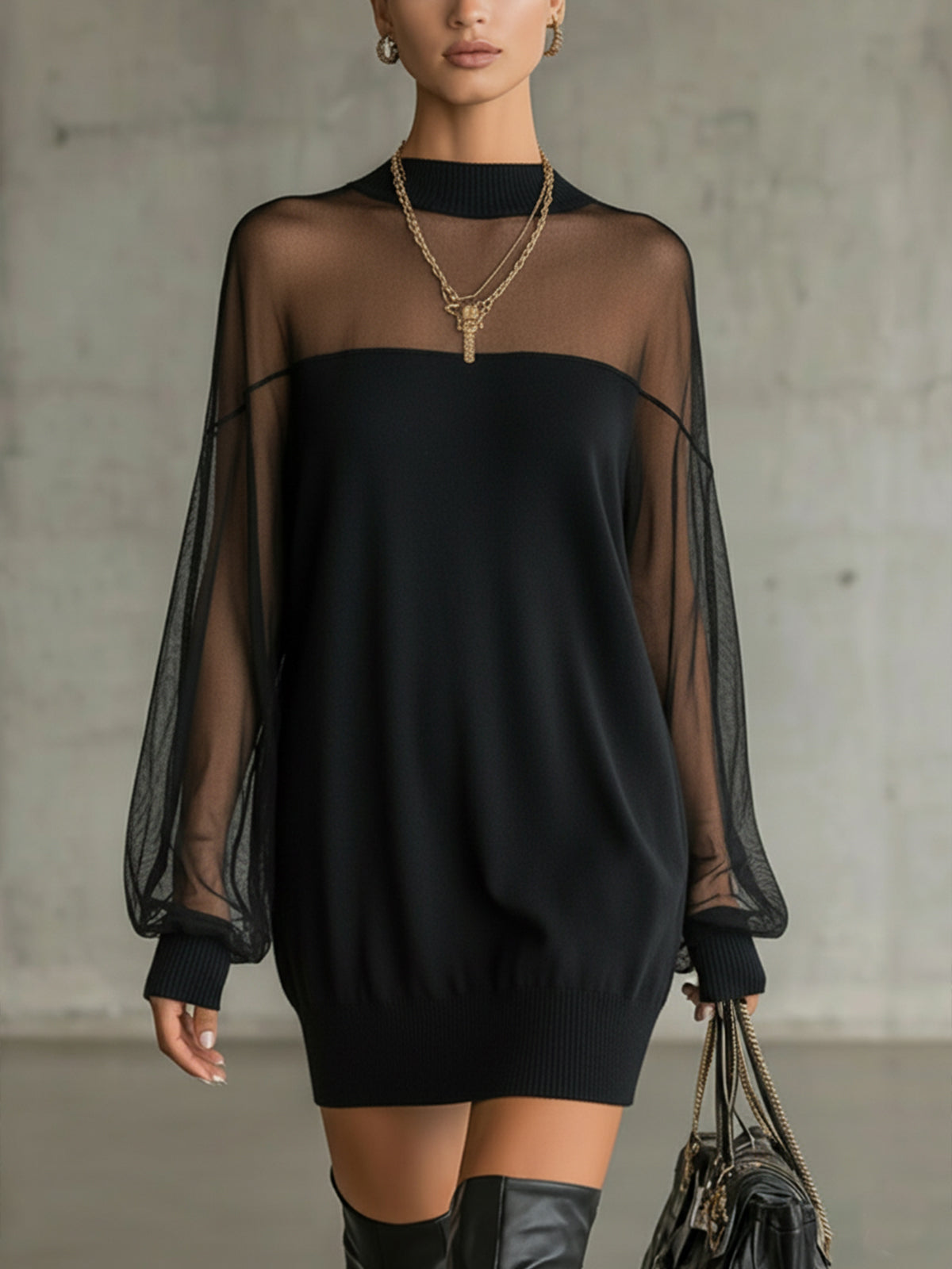 Elegant Black Mini Dress with Mesh Sleeves - Style 2