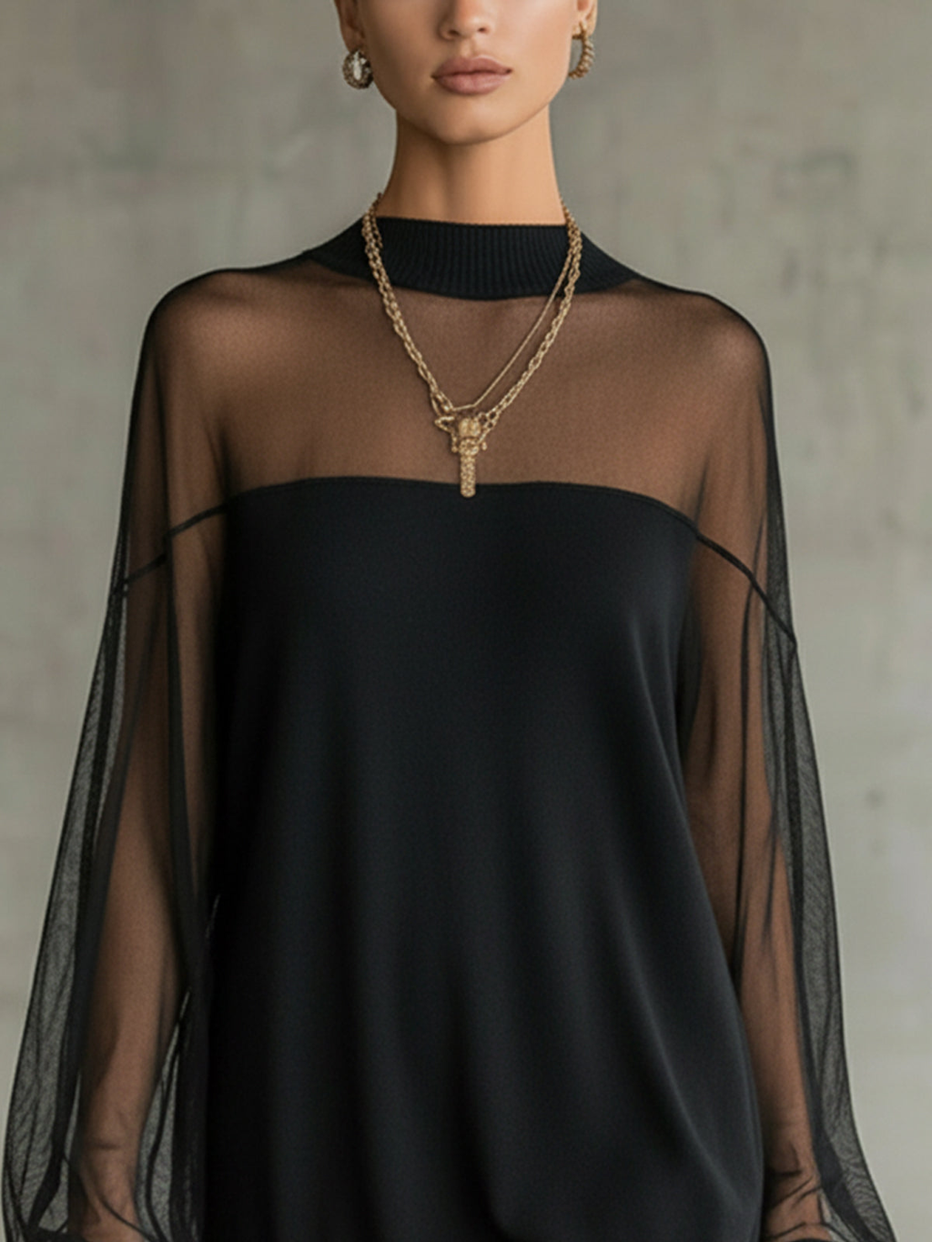 Elegant Black Mini Dress with Mesh Sleeves - Style 2