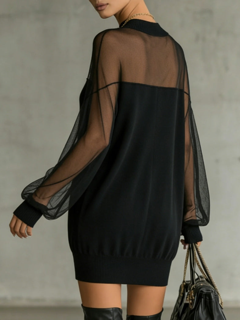 Elegant Black Mini Dress with Mesh Sleeves - Style 2