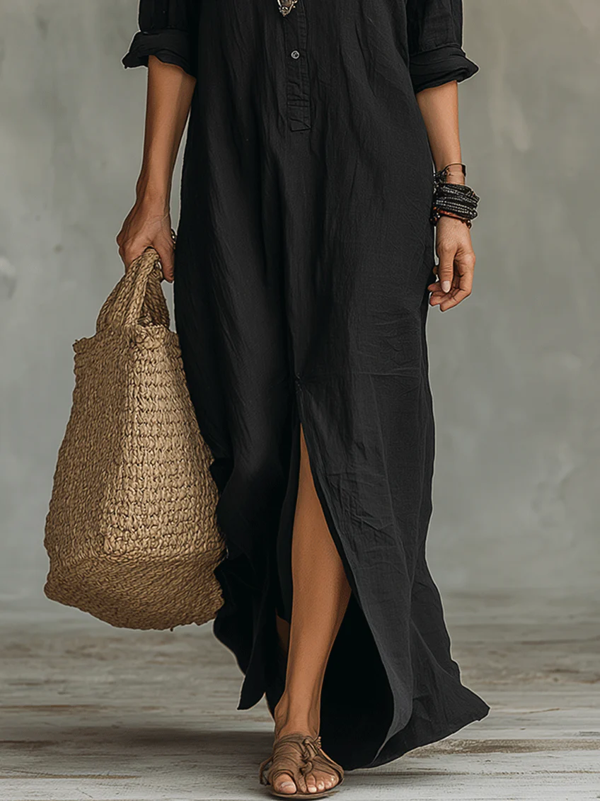 Long Black Maxi Dress with Buttons - Veronica