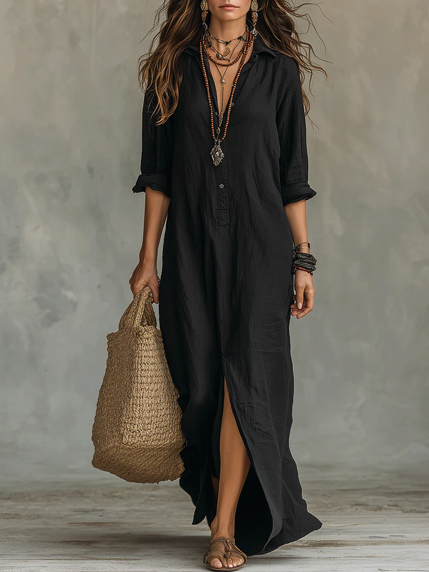 Long Black Maxi Dress with Buttons - Soline