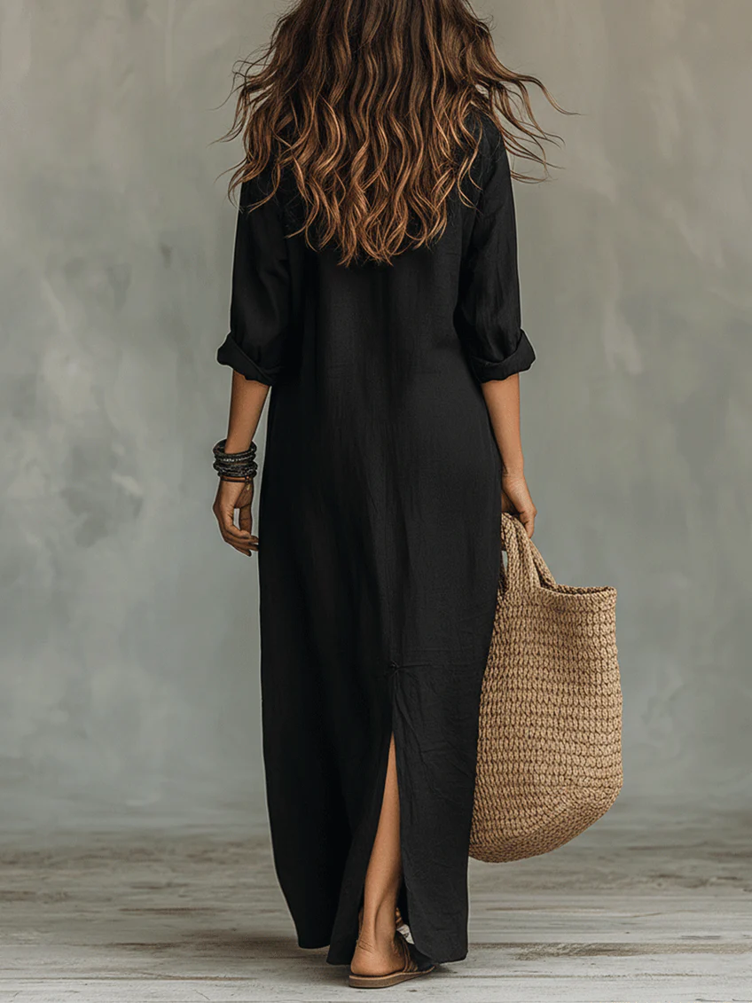 Long Black Maxi Dress with Buttons - Black