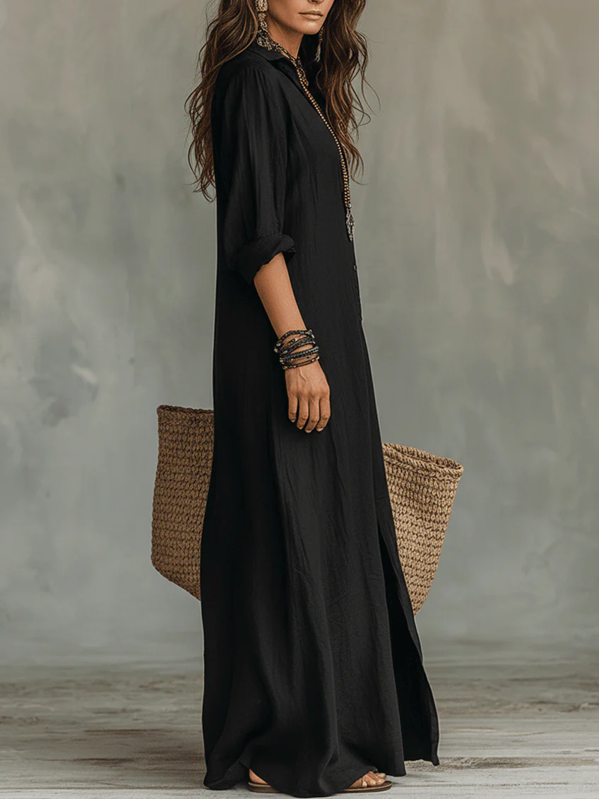 Long Black Maxi Dress with Buttons - Black