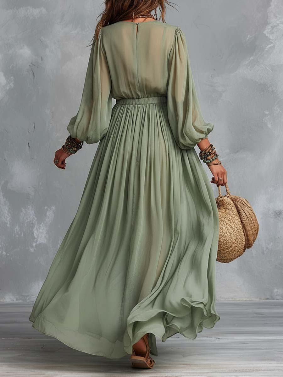 Bohemian Maxi Dress with Floral Print - Green