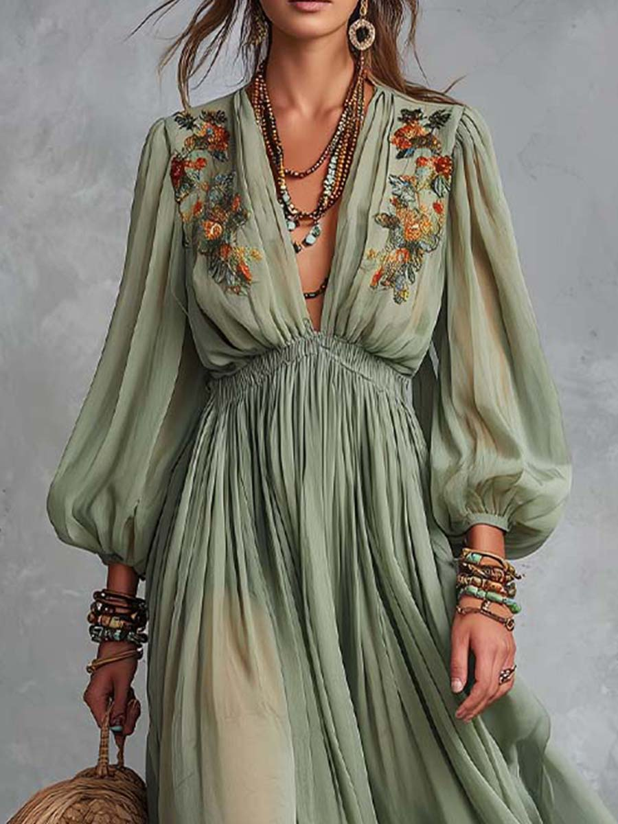 Bohemian Maxi Dress with Floral Print - Green