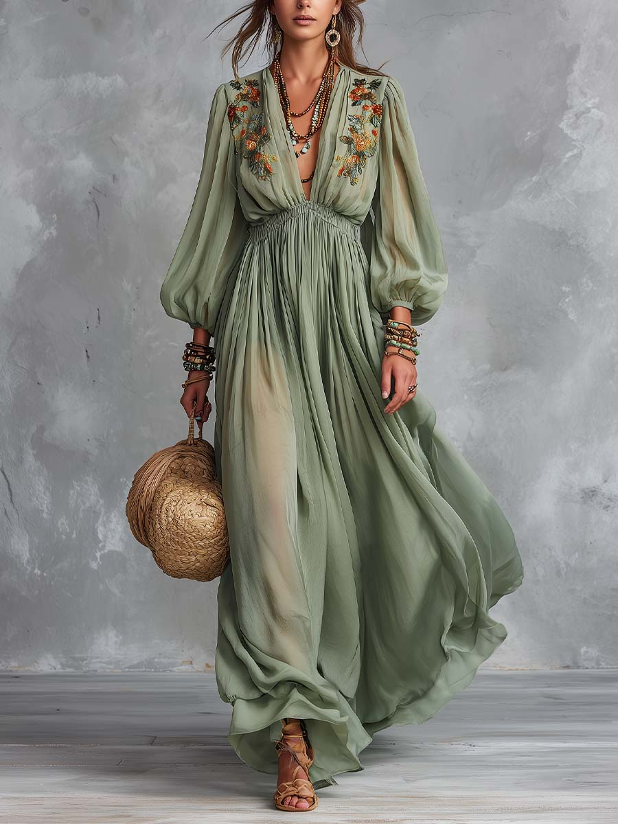 Bohemian Maxi Dress with Floral Print - Green