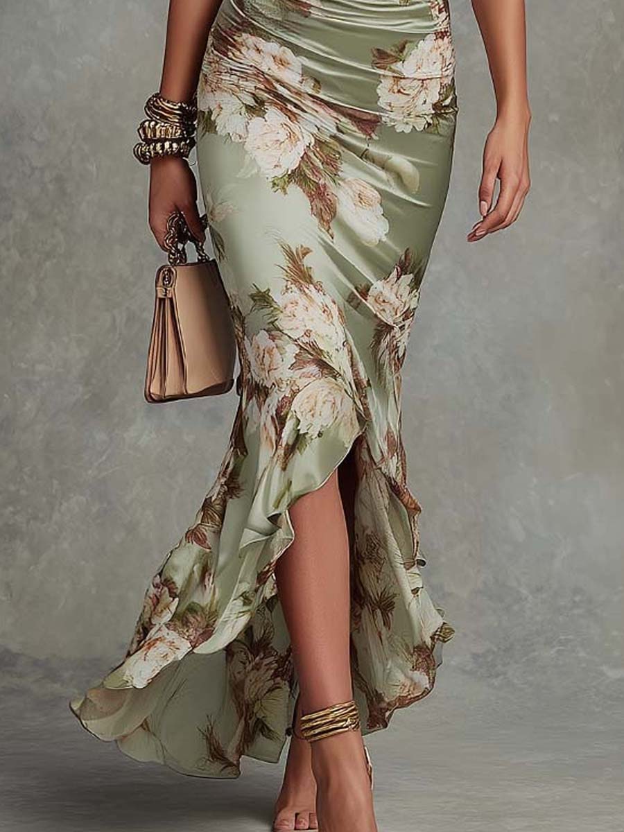 Asymmetric Green Satin Maxi Dress with V Neckline