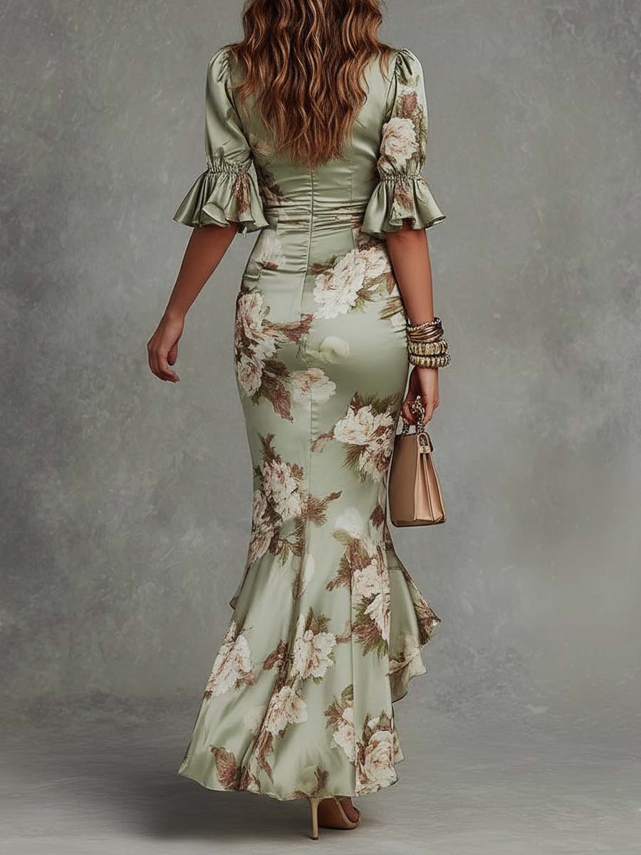 Asymmetric Green Satin Maxi Dress with V Neckline