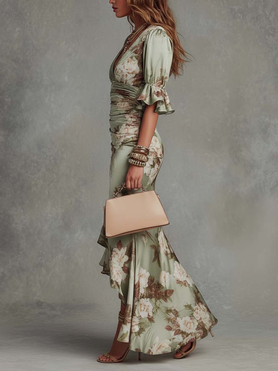 Asymmetric Green Satin Maxi Dress with V Neckline