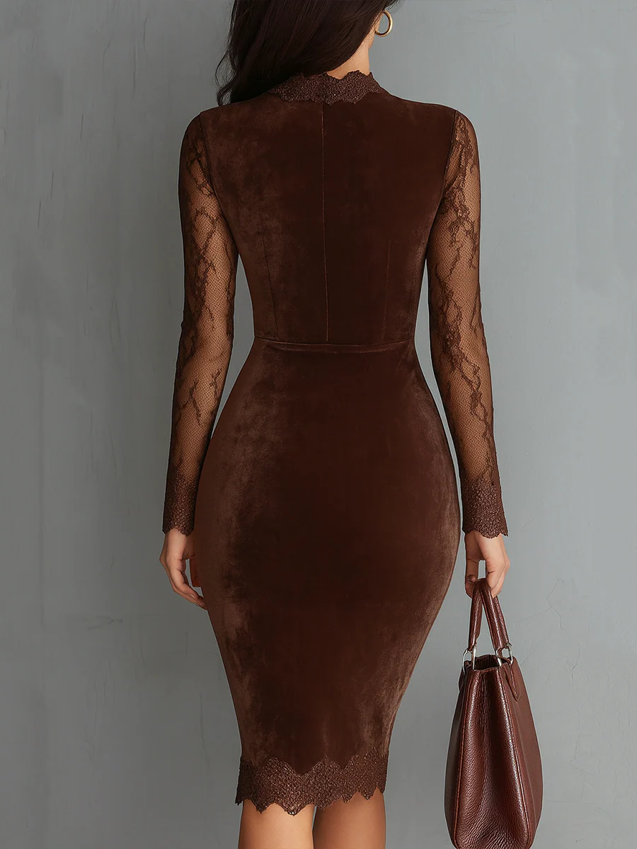 Velvet Mini Dress with Lace Sleeves - Brown