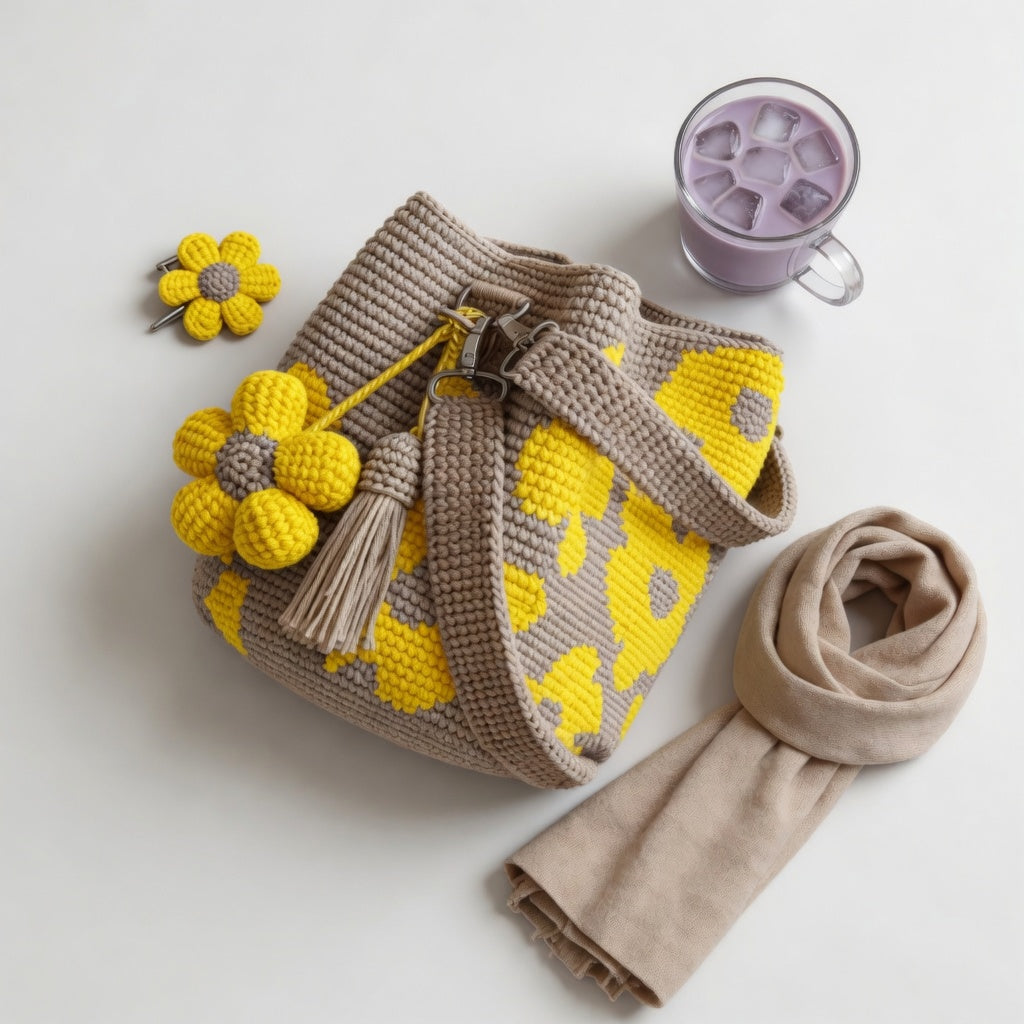 Bohemian Crochet Bag with Handmade Pompom Natural Charm