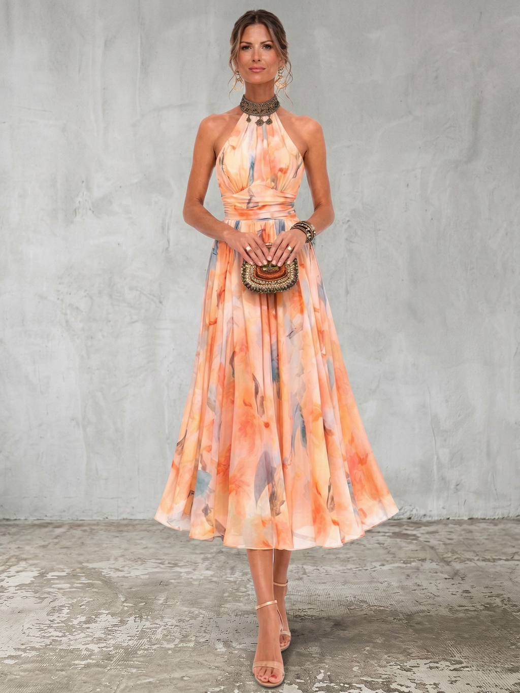 Halter Neckline Dress with Watercolor Print - Style 2