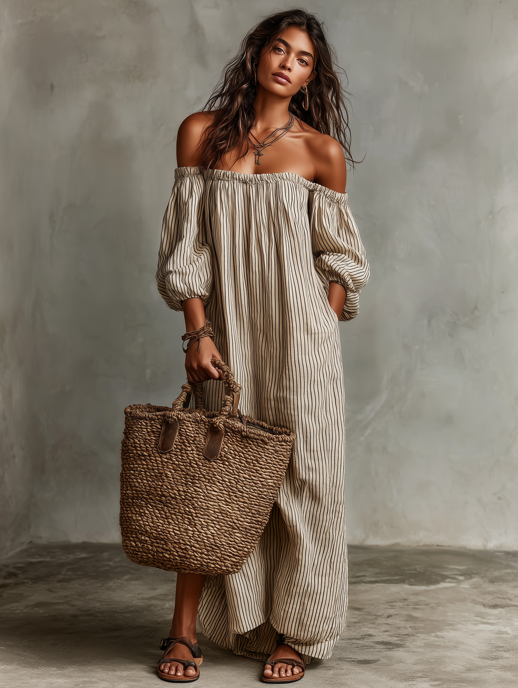 Cotton Linen Off Shoulder Maxi Dress