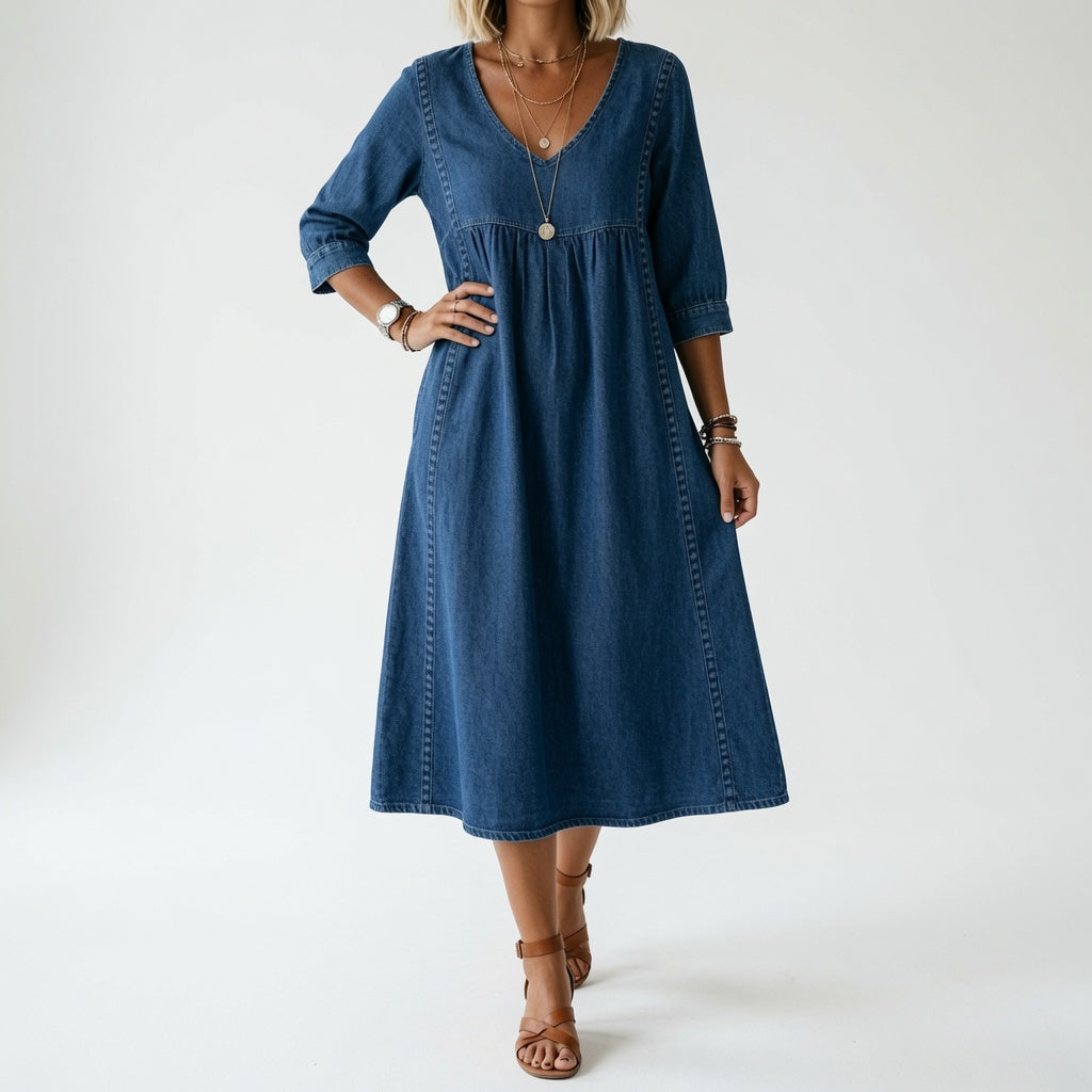 Flowy Midi Dress Natural Elegance - Yellow