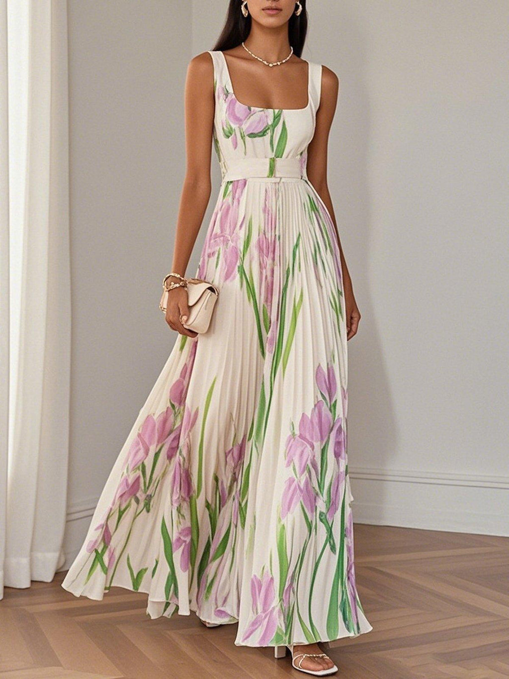Pleated Chiffon Maxi Dress