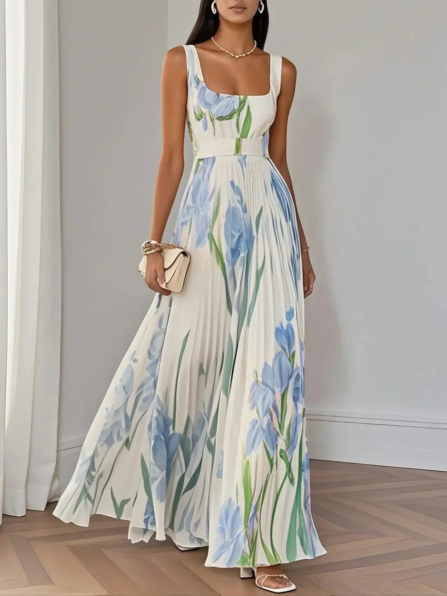 Pleated Chiffon Maxi Dress