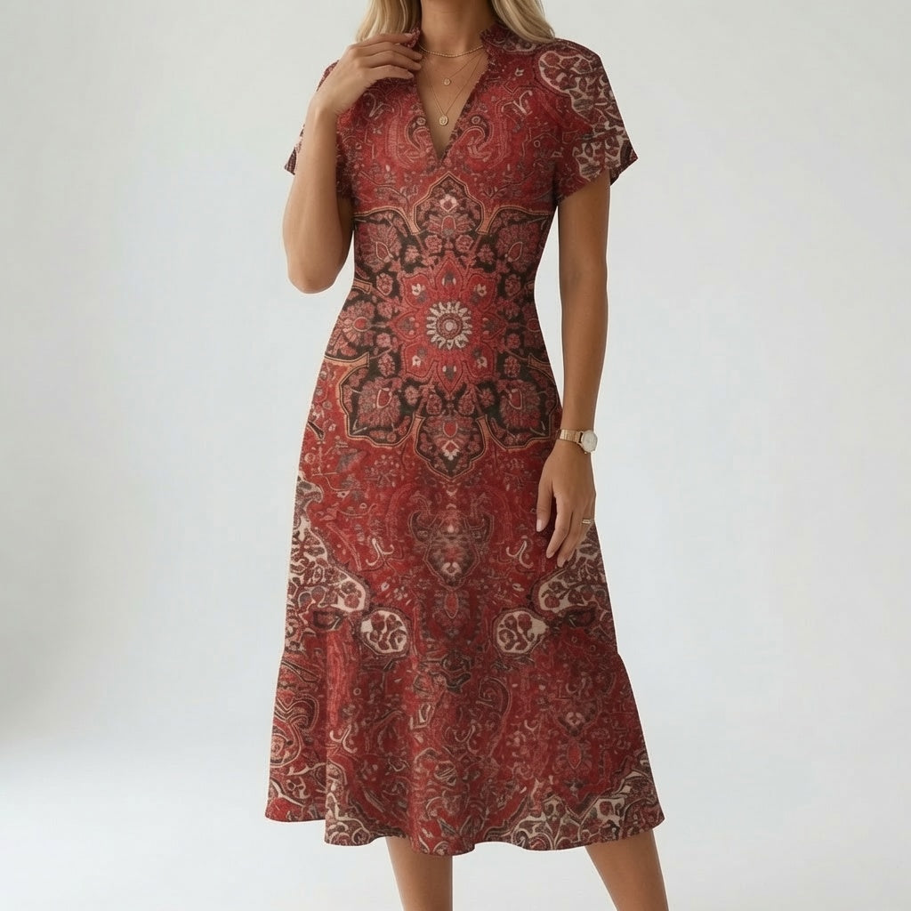 V Neck Printed Shirt Dress with Side Slit