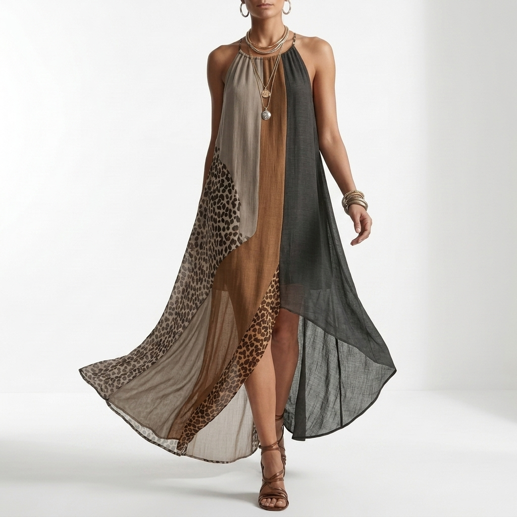 Halter Maxi Dress with Animal Print Color Block
