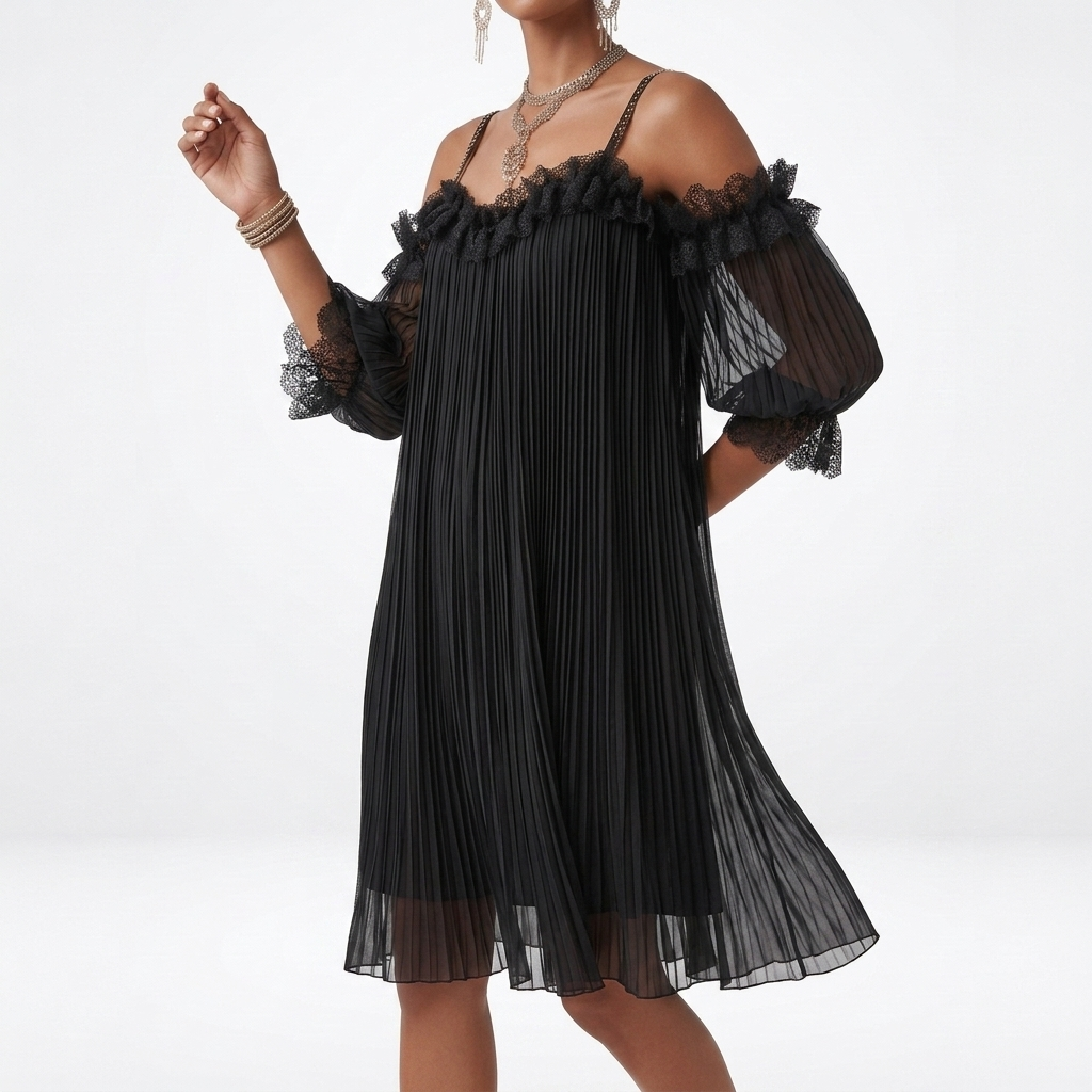 Off Shoulder Short Dress with Pleats and Ruffles