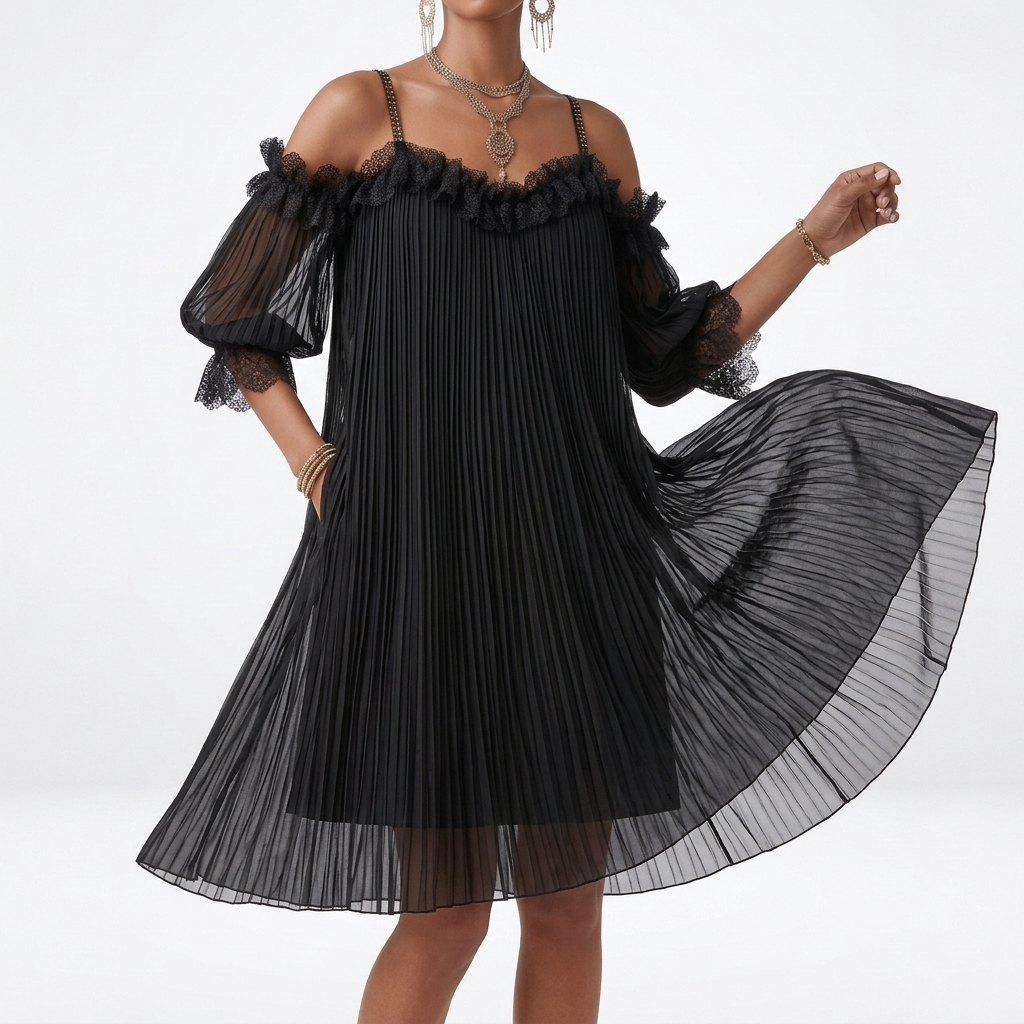 Off Shoulder Short Dress with Pleats and Ruffles