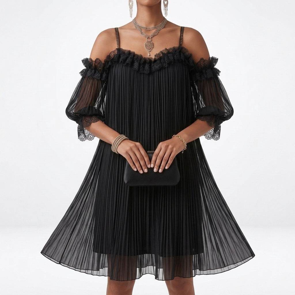 Off Shoulder Short Dress with Pleats and Ruffles