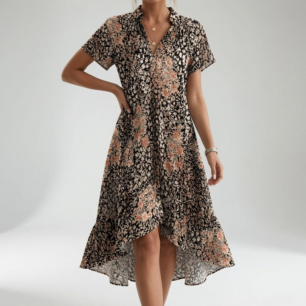 V Neck Printed Shirt Dress with Side Slit