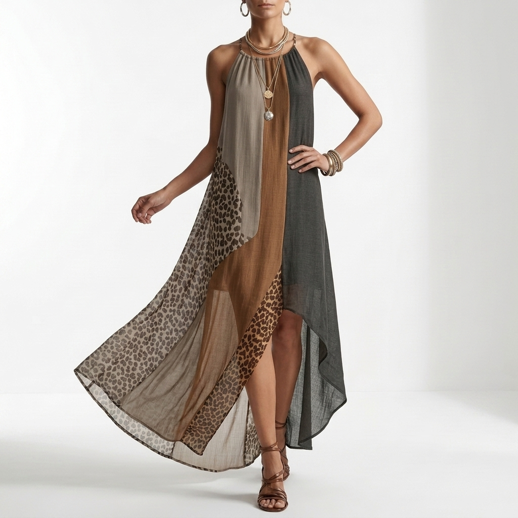 Halter Maxi Dress with Animal Print Color Block