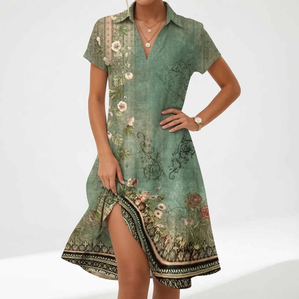 V Neck Printed Shirt Dress with Side Slit