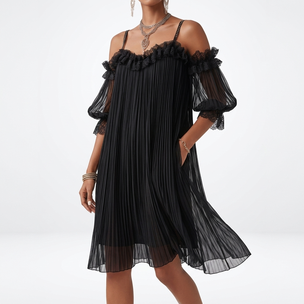 Off Shoulder Short Dress with Pleats and Ruffles