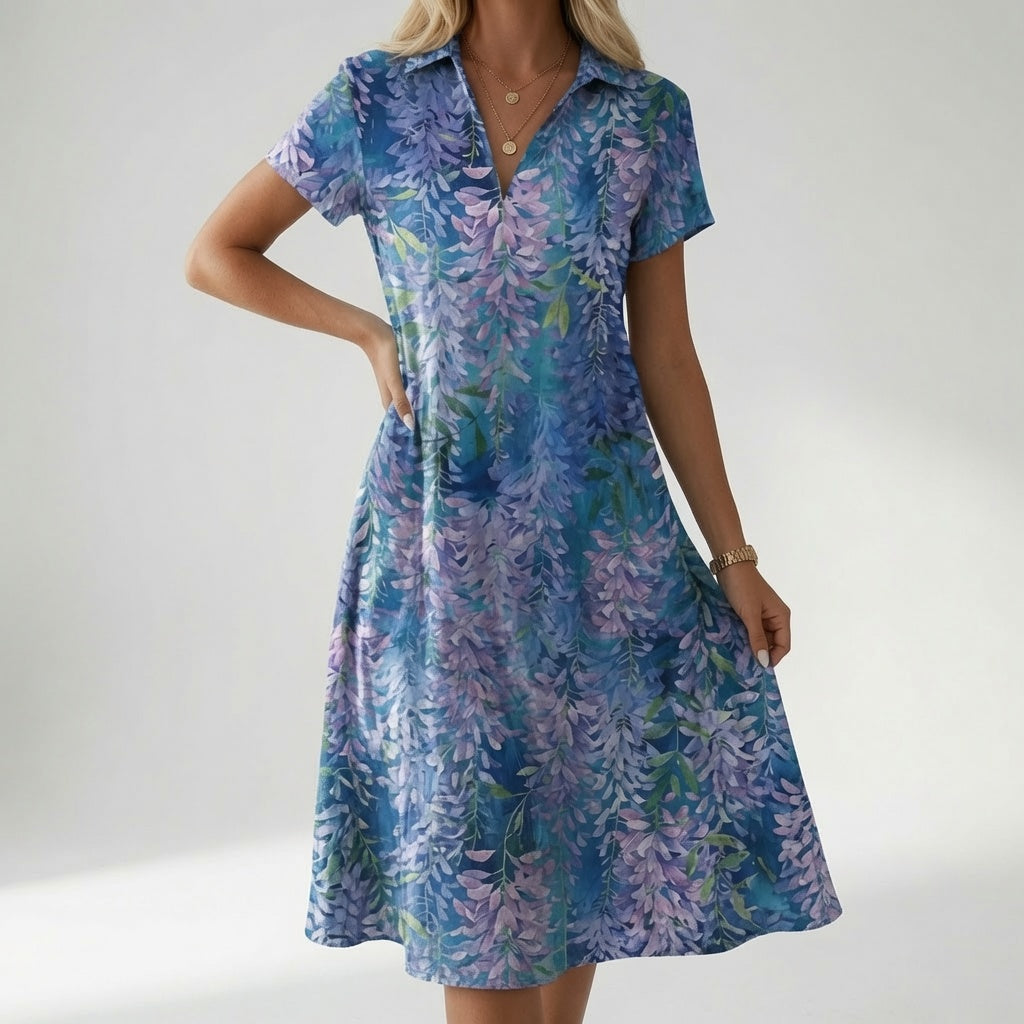 V Neck Printed Shirt Dress with Side Slit