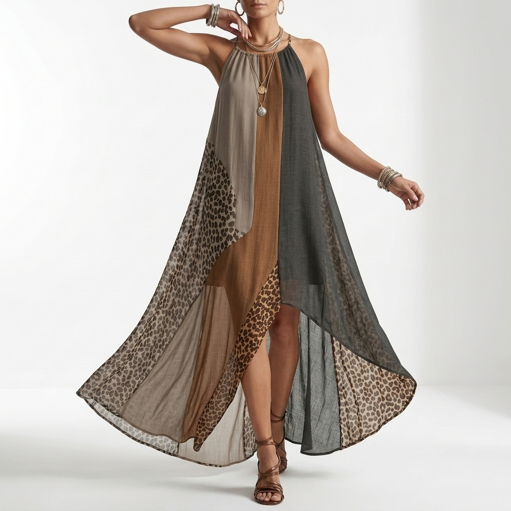 Halter Maxi Dress with Animal Print Color Block